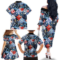 Hawaii Tropicana Blue Pattern Family Matching Off The Shoulder Long Sleeve Dress and Hawaiian Shirt - Wonder Print Shop