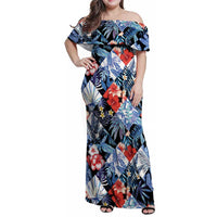 Hawaii Tropicana Blue Pattern Family Matching Off Shoulder Maxi Dress and Hawaiian Shirt - Wonder Print Shop