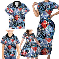 Hawaii Tropicana Blue Pattern Family Matching Short Sleeve Bodycon Dress and Hawaiian Shirt - Wonder Print Shop