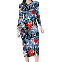 Hawaii Tropicana Blue Pattern Long Sleeve Bodycon Dress - Wonder Print Shop