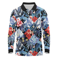 Hawaii Tropicana Blue Pattern Long Sleeve Polo Shirt - Wonder Print Shop