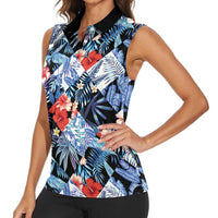 Hawaii Tropicana Blue Pattern Women Sleeveless Polo Shirt - Wonder Print Shop