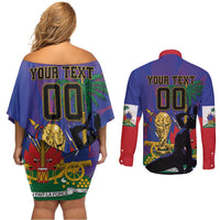 Custom Haiti World Football 2026 Couples Matching Off Shoulder Short Dress and Long Sleeve Button Shirt Go Les Grenadiers - Wonder Print Shop