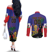 Custom Haiti World Football 2026 Couples Matching Off The Shoulder Long Sleeve Dress and Long Sleeve Button Shirt Go Les Grenadiers - Wonder Print Shop