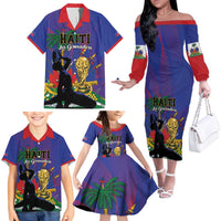 Custom Haiti World Football 2026 Family Matching Off The Shoulder Long Sleeve Dress and Hawaiian Shirt Go Les Grenadiers - Wonder Print Shop