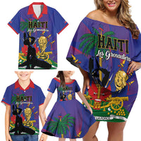 Custom Haiti World Football 2026 Family Matching Off Shoulder Short Dress and Hawaiian Shirt Go Les Grenadiers - Wonder Print Shop