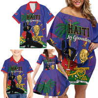 Custom Haiti World Football 2026 Family Matching Off Shoulder Short Dress and Hawaiian Shirt Go Les Grenadiers - Wonder Print Shop