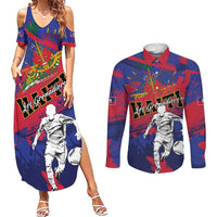 Custom Ekip Foutbol Ayiti 2026 Couples Matching Summer Maxi Dress and Long Sleeve Button Shirt Haiti Grenadye Alaso - Wonder Print Shop