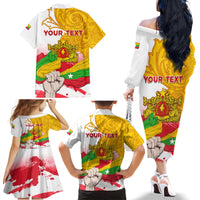Myanmar Independence Day Family Matching Off Shoulder Long Sleeve Dress and Hawaiian Shirt Brahmadesh Kanote Pattern - Wonder Print Shop