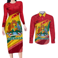 Grenada Independence Day Couples Matching Long Sleeve Bodycon Dress and Long Sleeve Button Shirt Gwenad Bougainvillea Sparkle Version - Wonder Print Shop
