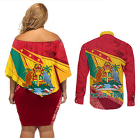 Grenada Independence Day Couples Matching Off Shoulder Short Dress and Long Sleeve Button Shirt Gwenad Bougainvillea Sparkle Version - Wonder Print Shop