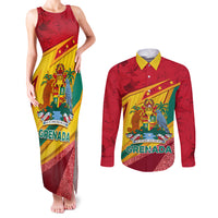 Grenada Independence Day Couples Matching Tank Maxi Dress and Long Sleeve Button Shirt Gwenad Bougainvillea Sparkle Version - Wonder Print Shop