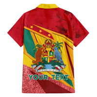 Red Hawaiian shirt with yellow collar, back Grenada crest graphic, glittery hem