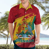 Red Hawaiian shirt with yellow collar, Grenada crest and GRENADA print, glitter hem