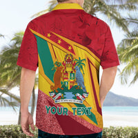 Red Hawaiian shirt with yellow collar, back Grenada crest and YOUR TEXT print, glitter hem