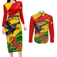 Zimbabwe Independence Day Couples Matching Long Sleeve Bodycon Dress and Long Sleeve Button Shirt Chapungu Bird With Flame Lily - Wonder Print Shop