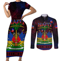 Haitian Flag Day Couples Matching Short Sleeve Bodycon Dress and Long Sleeve Button Shirt La fete du drapeau Haitien - Wonder Print Shop