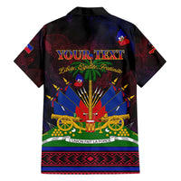 Black short-sleeve Hawaiian shirt with YOUR TEXT design and Haitian flag colors, collar