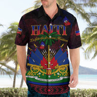 Black short-sleeve Hawaiian shirt with HAITI graphic, colorful emblem and striped border, collar