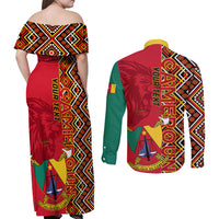 Cameroon National Day Couples Matching Off Shoulder Maxi Dress and Long Sleeve Button Shirt Cameroun Coat Of Arms Ankara Pattern - Wonder Print Shop