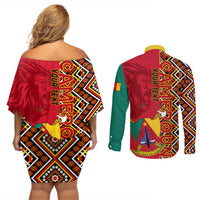 Cameroon National Day Couples Matching Off Shoulder Short Dress and Long Sleeve Button Shirt Cameroun Coat Of Arms Ankara Pattern - Wonder Print Shop