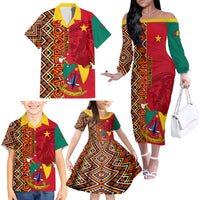 Cameroon National Day Family Matching Off Shoulder Long Sleeve Dress and Hawaiian Shirt Cameroun Coat Of Arms Ankara Pattern - Wonder Print Shop