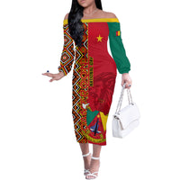 Cameroon National Day Family Matching Off Shoulder Long Sleeve Dress and Hawaiian Shirt Cameroun Coat Of Arms Ankara Pattern - Wonder Print Shop