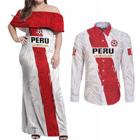 Custom Football Peru Couples Matching Off Shoulder Maxi Dress and Long Sleeve Button Shirt La Bicolor Go Champions