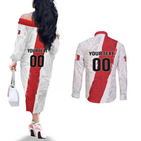 Custom Football Peru Couples Matching Off The Shoulder Long Sleeve Dress and Long Sleeve Button Shirt La Bicolor Go Champions
