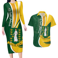 Personalised British Virgin Islands Couples Matching Long Sleeve Bodycon Dress and Hawaiian Shirt Vigilate Flag Color