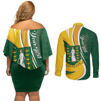 Personalised British Virgin Islands Couples Matching Off Shoulder Short Dress and Long Sleeve Button Shirt Vigilate Flag Color