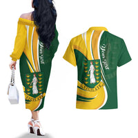 Personalised British Virgin Islands Couples Matching Off The Shoulder Long Sleeve Dress and Hawaiian Shirt Vigilate Flag Color