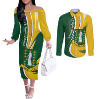Personalised British Virgin Islands Couples Matching Off The Shoulder Long Sleeve Dress and Long Sleeve Button Shirt Vigilate Flag Color