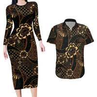 Indonesian Batik Pattern Vintage Brown Couples Matching Long Sleeve Bodycon Dress and Hawaiian Shirt