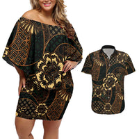 Indonesian Batik Pattern Vintage Brown Couples Matching Off Shoulder Short Dress and Hawaiian Shirt