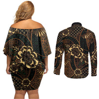 Indonesian Batik Pattern Vintage Brown Couples Matching Off Shoulder Short Dress and Long Sleeve Button Shirt