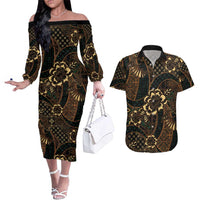 Indonesian Batik Pattern Vintage Brown Couples Matching Off The Shoulder Long Sleeve Dress and Hawaiian Shirt