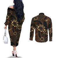 Indonesian Batik Pattern Vintage Brown Couples Matching Off The Shoulder Long Sleeve Dress and Long Sleeve Button Shirt