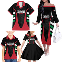 Custom United Arab Emirates Rugby Family Matching Off The Shoulder Long Sleeve Dress and Hawaiian Shirt UAE Go Champions
