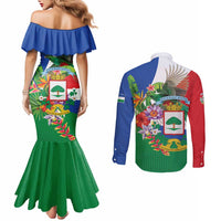Costa Rica Guanacaste Day Couples Matching Mermaid Dress and Long Sleeve Button Shirt Resplendent Quetzal Tropical Flowers - Wonder Print Shop