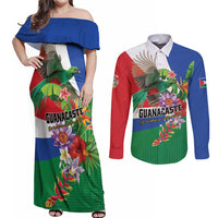 Costa Rica Guanacaste Day Couples Matching Off Shoulder Maxi Dress and Long Sleeve Button Shirt Resplendent Quetzal Tropical Flowers - Wonder Print Shop