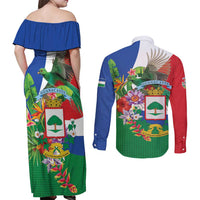 Costa Rica Guanacaste Day Couples Matching Off Shoulder Maxi Dress and Long Sleeve Button Shirt Resplendent Quetzal Tropical Flowers - Wonder Print Shop