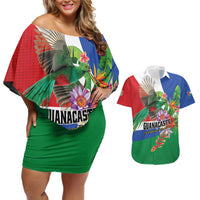 Costa Rica Guanacaste Day Couples Matching Off Shoulder Short Dress and Hawaiian Shirt Resplendent Quetzal Tropical Flowers - Wonder Print Shop