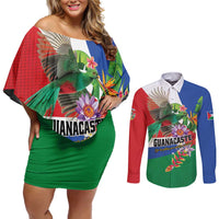 Costa Rica Guanacaste Day Couples Matching Off Shoulder Short Dress and Long Sleeve Button Shirt Resplendent Quetzal Tropical Flowers - Wonder Print Shop