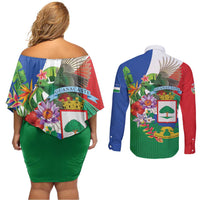 Costa Rica Guanacaste Day Couples Matching Off Shoulder Short Dress and Long Sleeve Button Shirt Resplendent Quetzal Tropical Flowers - Wonder Print Shop