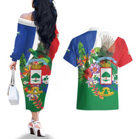 Costa Rica Guanacaste Day Couples Matching Off The Shoulder Long Sleeve Dress and Hawaiian Shirt Resplendent Quetzal Tropical Flowers - Wonder Print Shop