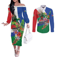 Costa Rica Guanacaste Day Couples Matching Off The Shoulder Long Sleeve Dress and Long Sleeve Button Shirt Resplendent Quetzal Tropical Flowers - Wonder Print Shop