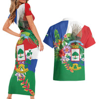 Costa Rica Guanacaste Day Couples Matching Short Sleeve Bodycon Dress and Hawaiian Shirt Resplendent Quetzal Tropical Flowers - Wonder Print Shop