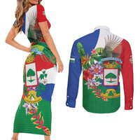 Costa Rica Guanacaste Day Couples Matching Short Sleeve Bodycon Dress and Long Sleeve Button Shirt Resplendent Quetzal Tropical Flowers - Wonder Print Shop