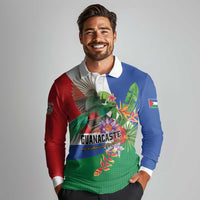 Costa Rica Guanacaste Day Long Sleeve Polo Shirt Resplendent Quetzal Tropical Flowers - Wonder Print Shop